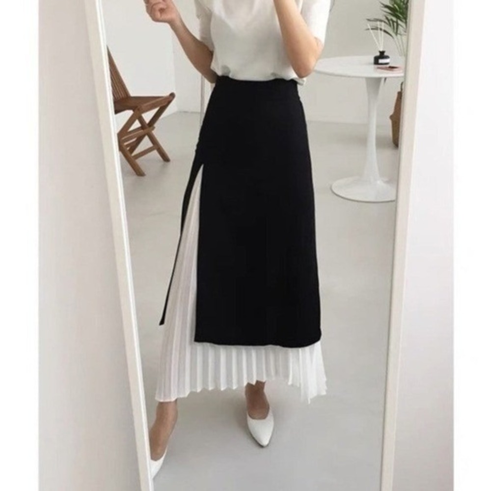 Commense Pleated Midi Skirt Black White Color Block Layered Skirt size XS - Picture 7 of 15